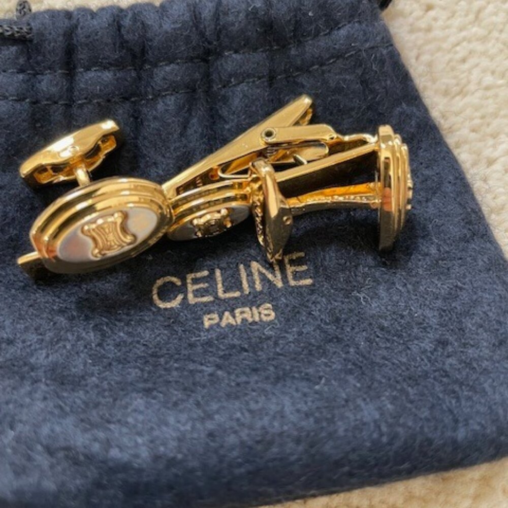 Celine Silver Gold Color two-tone finish logo Tie Tuck Pin Cufflink Set.